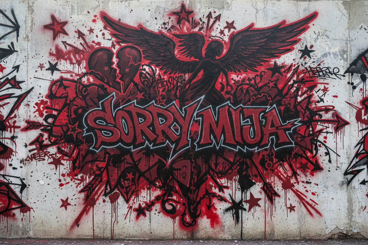 SORRY MIJA graffiti with broken hearts, stars and angels